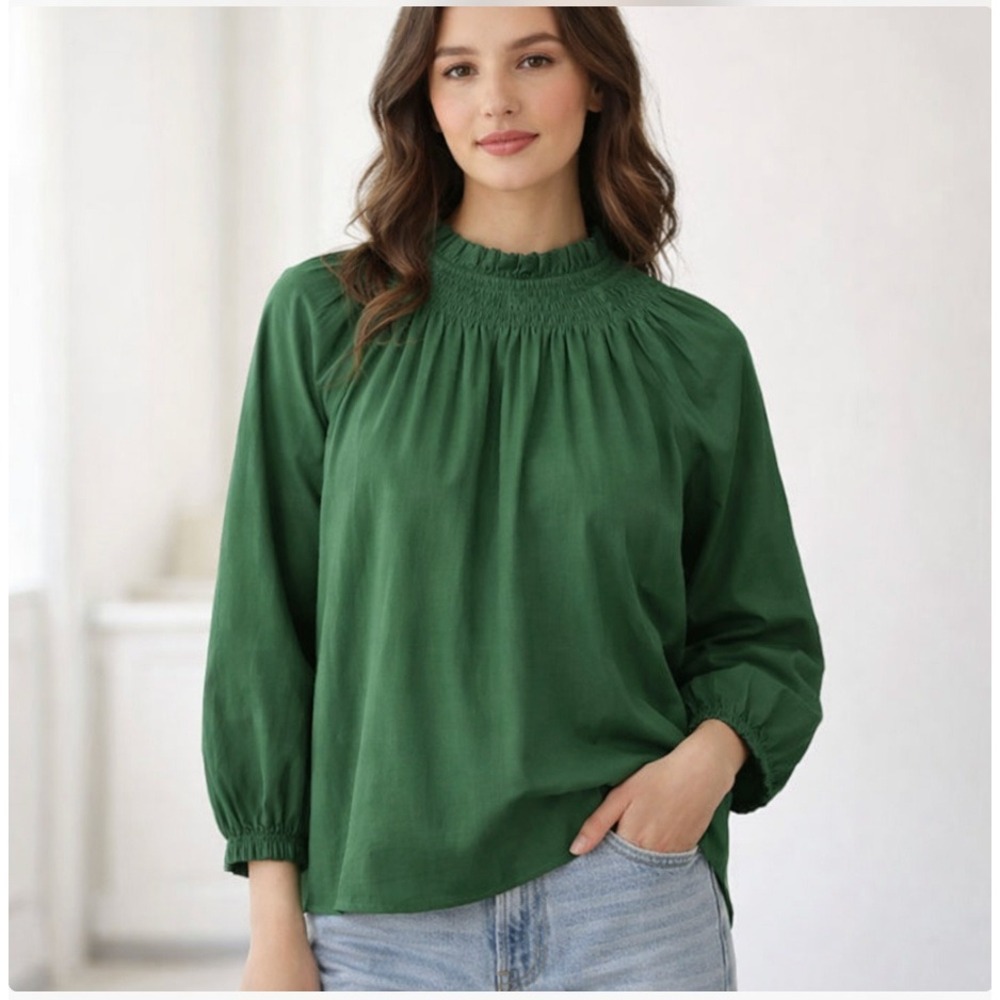 J.Crew Emerald‎ Green Smocked Blouse Small Preppy Romantic Cottagecore Top